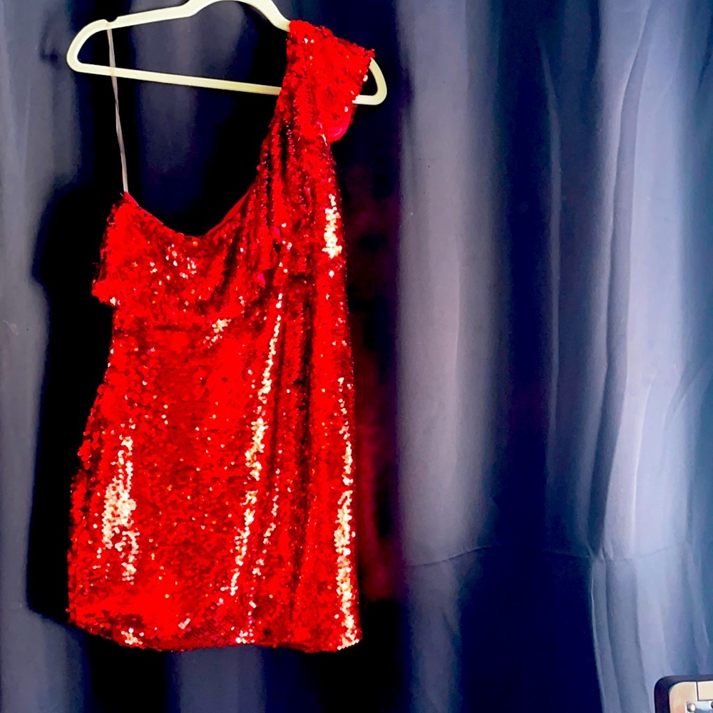 Leith One Shoulder Fire Red Sequin Dress Mini